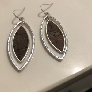 Womens silver brown cork dangle earrings
